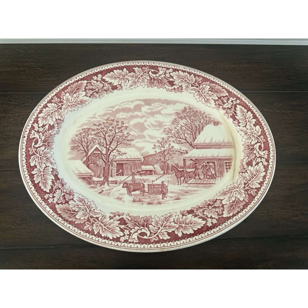 Vintage Homer Laughlin currier & Ives Red Oval Serving Platter Thanksgiving